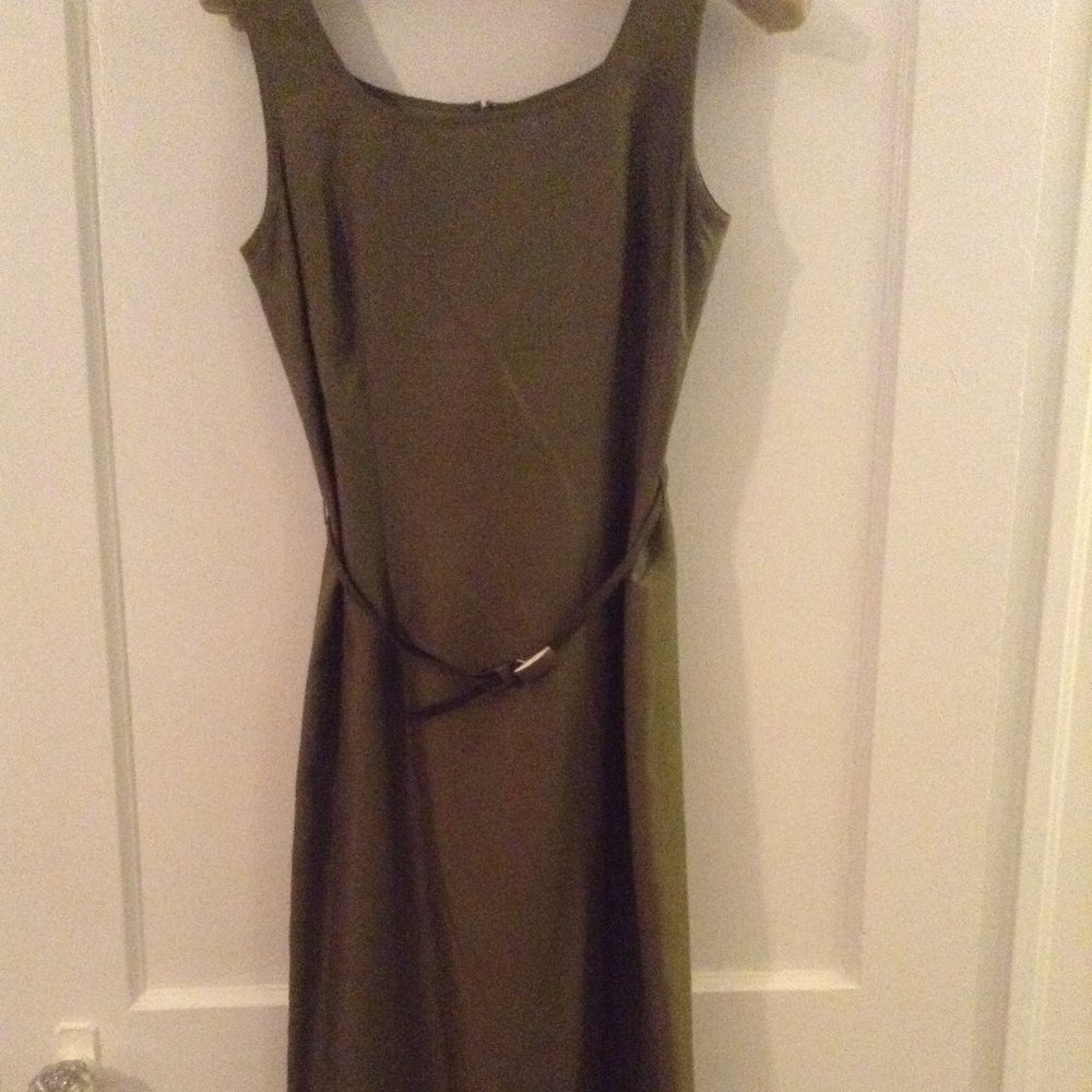 Ann Taylor Olive Green Belted Silk Dress